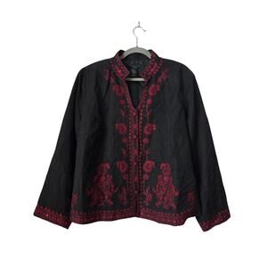 SilkLand Black Jacket with Red Floral Embroidery